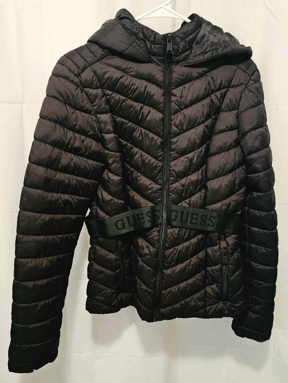 GUESS Women’s Eco Kacy Black Hooded Puffer Jacket Coat Full Zip Size Medium